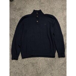 VINTAGE Polo Ralph Lauren Button Up Knit Sweater Mens M Navy Blue Green Pony RL
